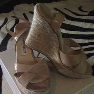 Jimmy Choo nude patent leather wedges.